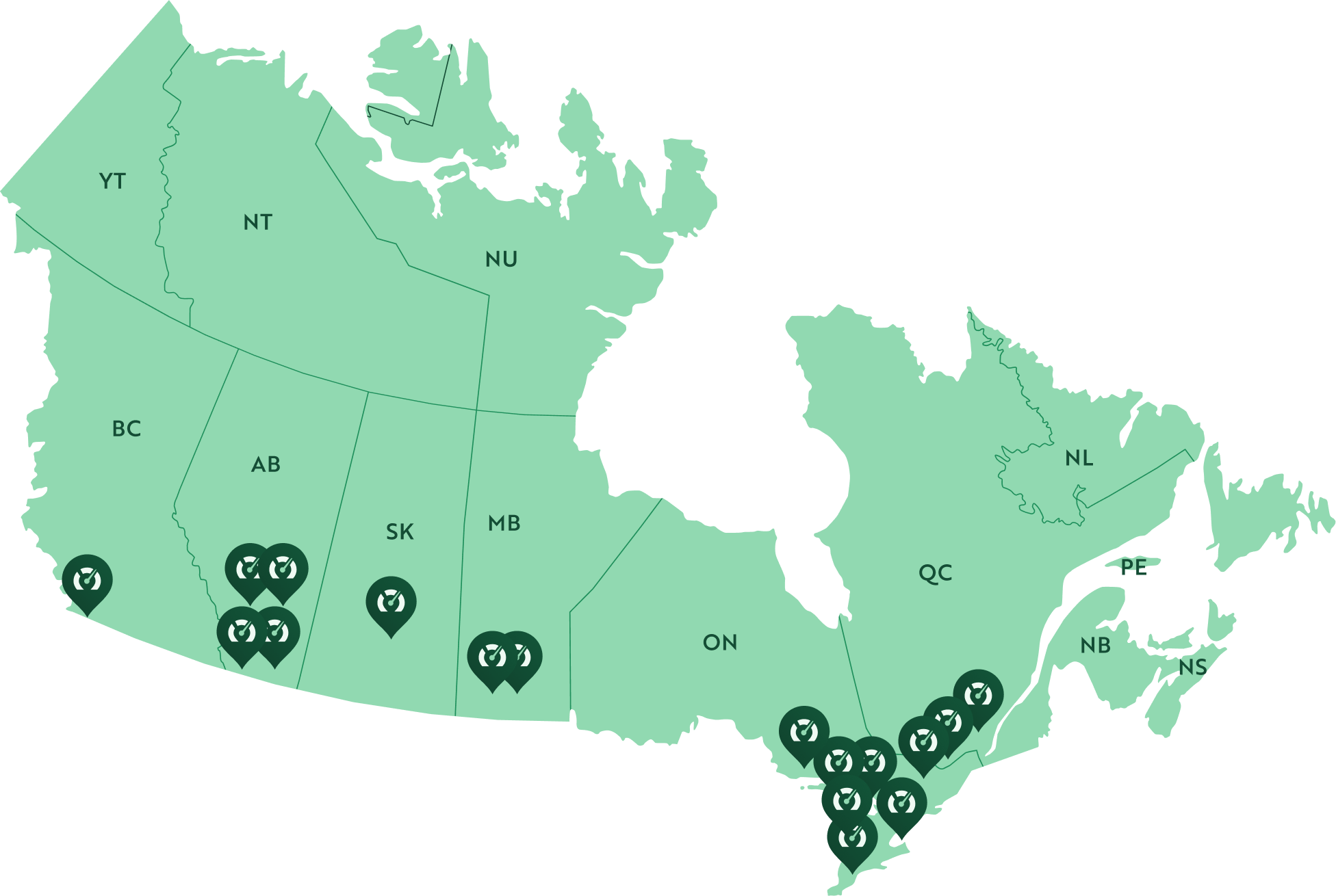 Map of Canada with pins showing drop off locations.